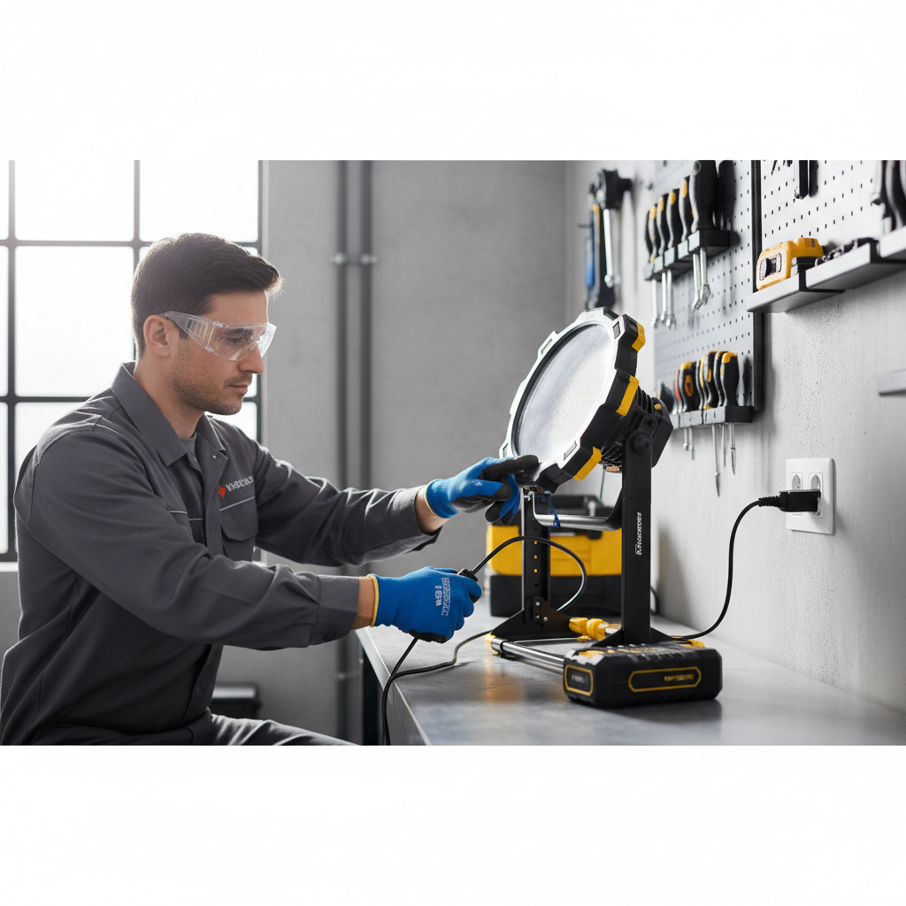 Technician turning off and unplugging a rechargeable LED work light before opening
