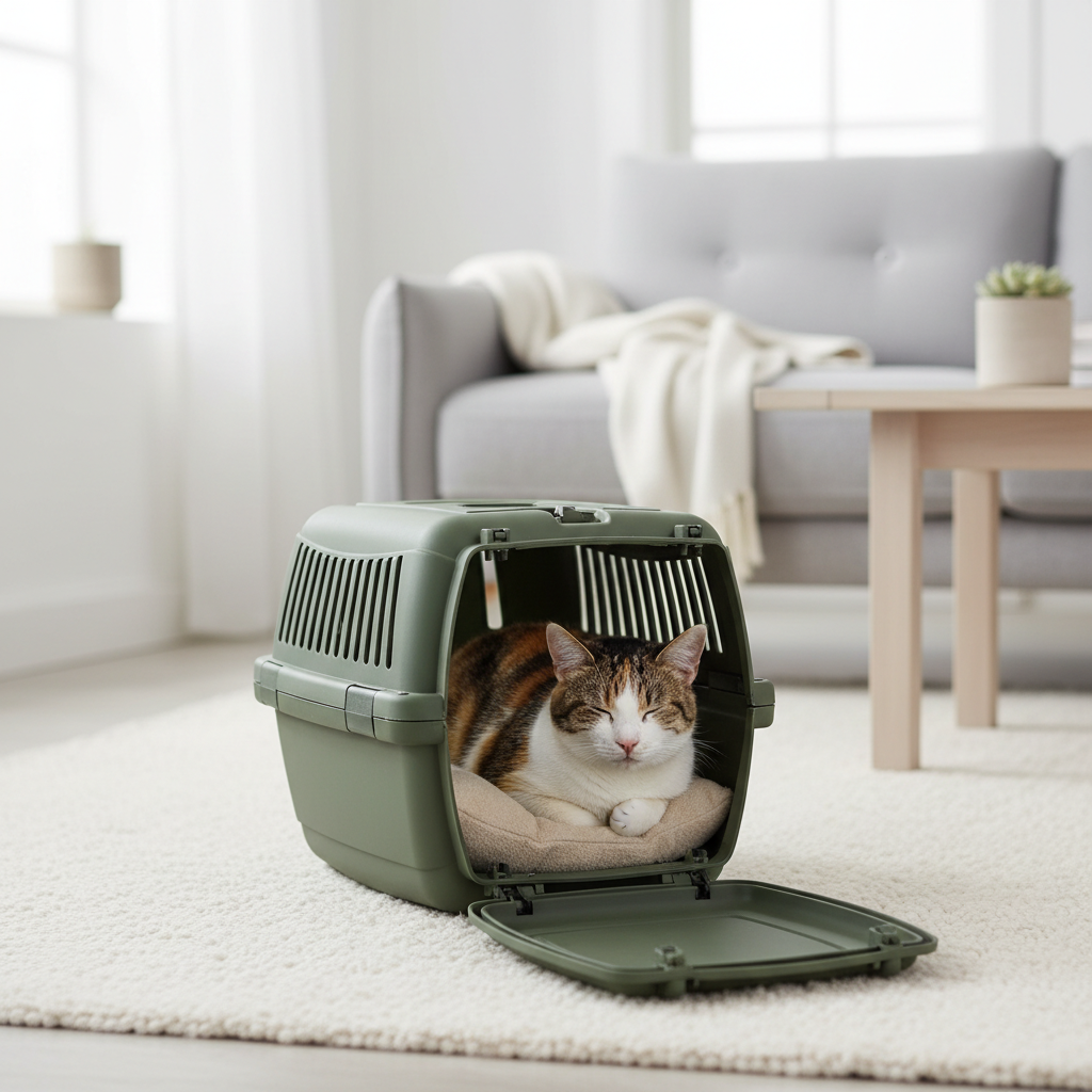 Cat resting calmly inside an open carrier at home