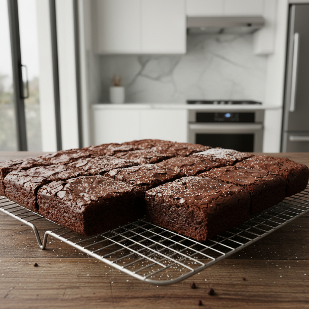 Fudgy chewy brownies with shiny crackly top on a cooling rack
