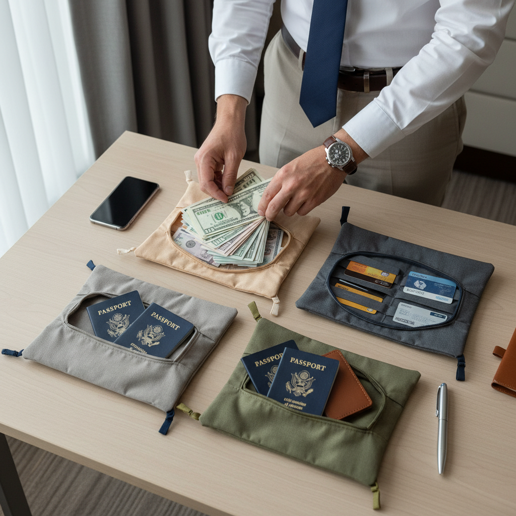 Traveler organizing cash and cards into separate travel pouches before an international trip