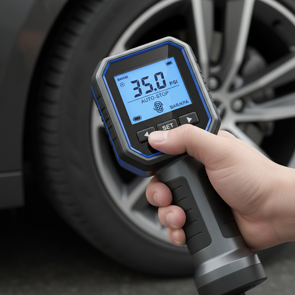 Close-up of a digital tire inflator display showing PSI settings and auto-stop