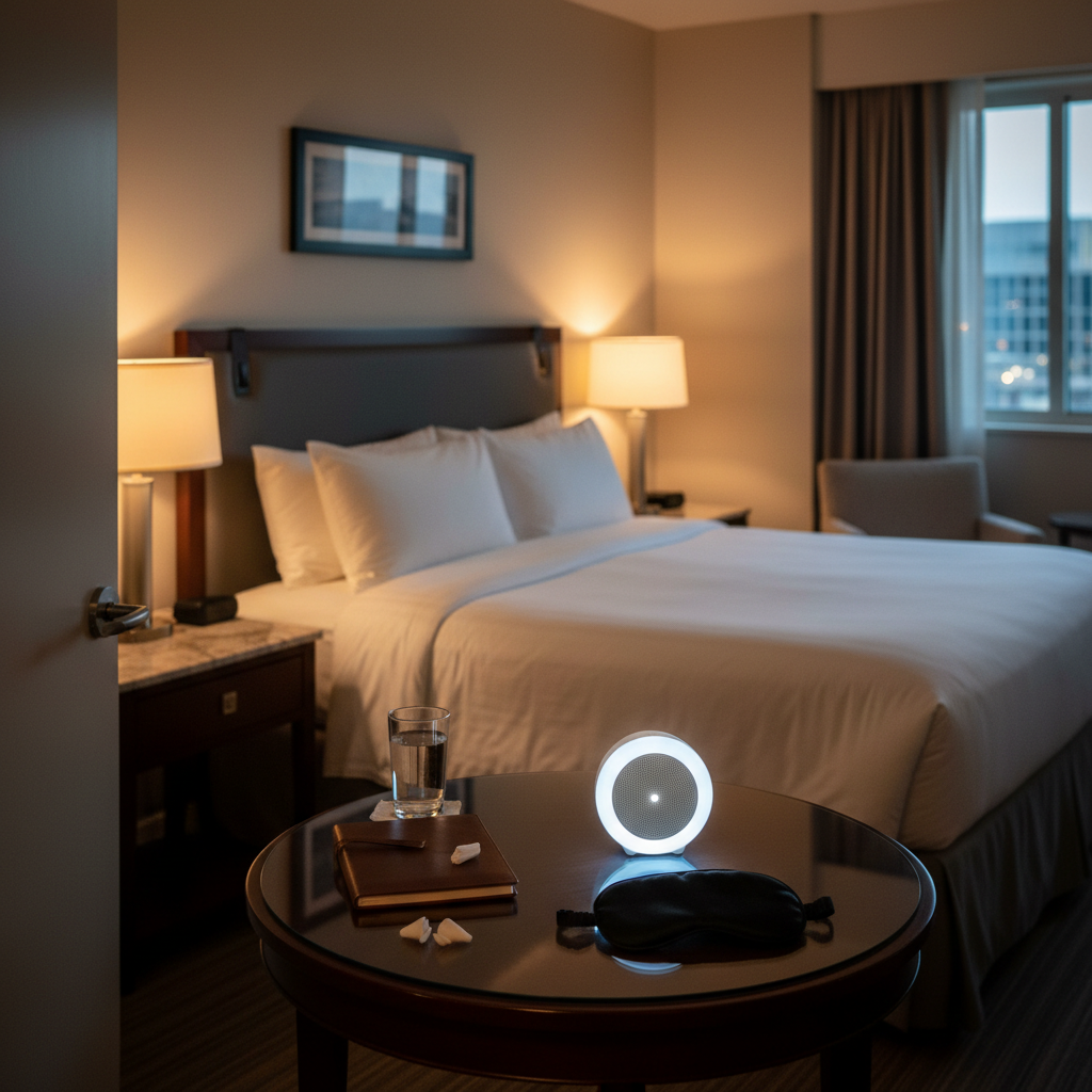 Hotel room setup for blocking noise: white noise speaker near door and earplugs on nightstand