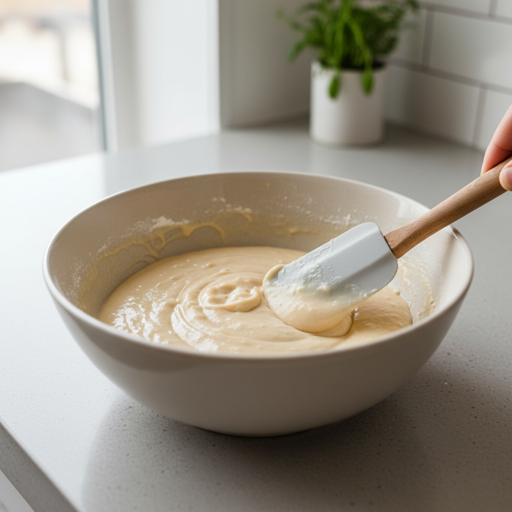 Pancake batter being gently folded with a spatula, small lumps visible