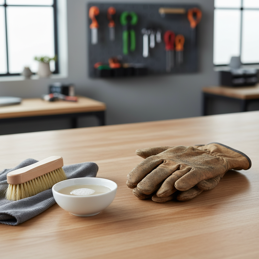 Dirty leather work gloves on a workbench with gentle cleaning supplies