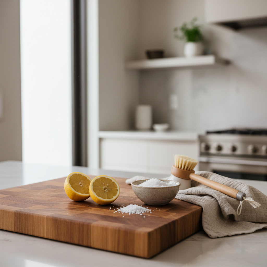 Natural cleaning setup for a wooden cutting board with lemon, coarse salt, and dish brush