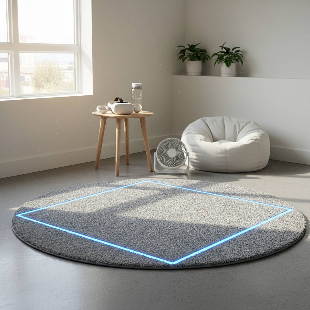 Comfortable VR play space with fan, water, and clear boundary to prevent VR nausea