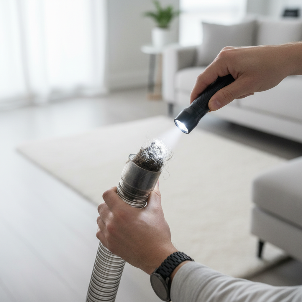 Flashlight inspection through a vacuum hose to locate a blockage