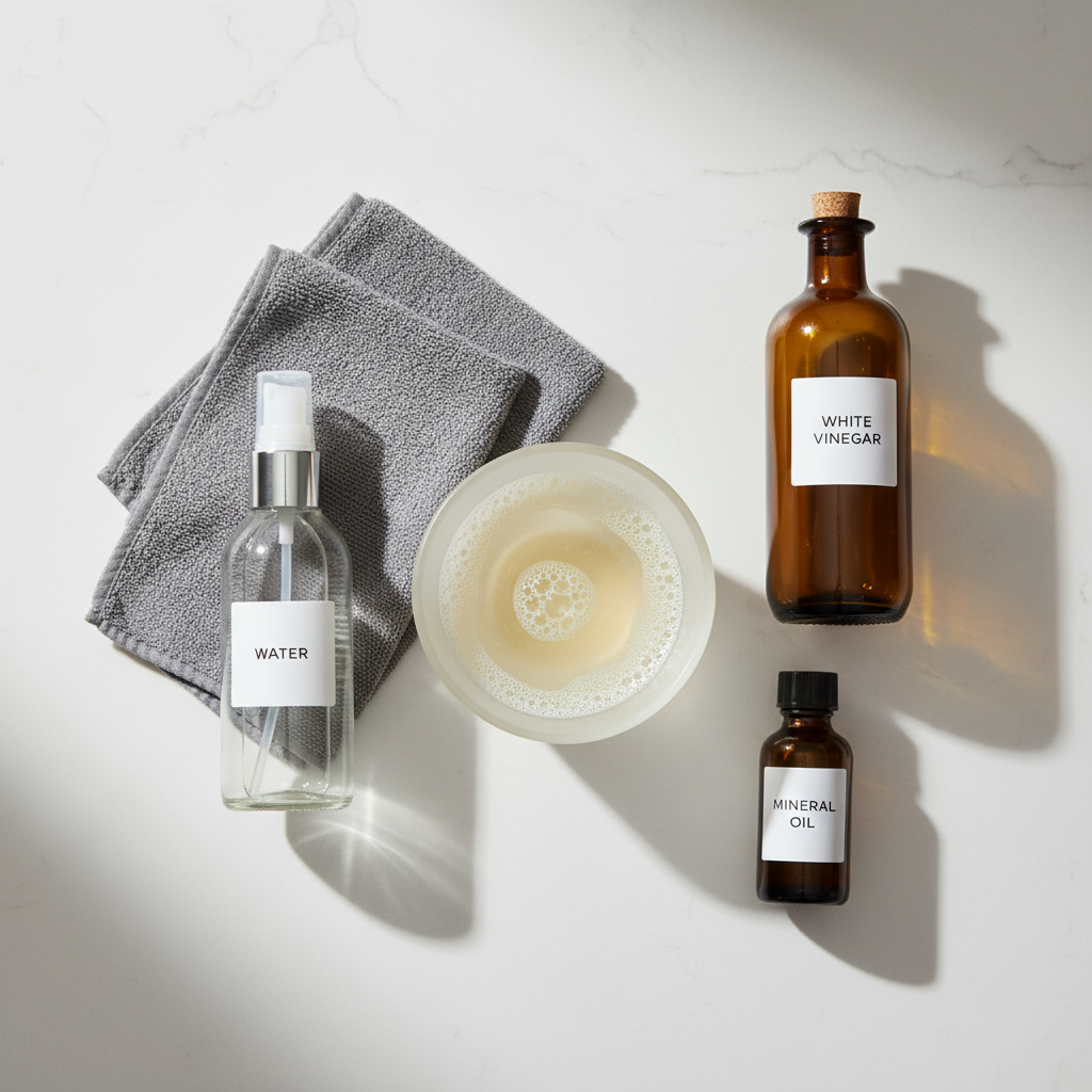 Cleaning supplies for stainless steel: microfiber cloths, mild dish soap, spray bottle