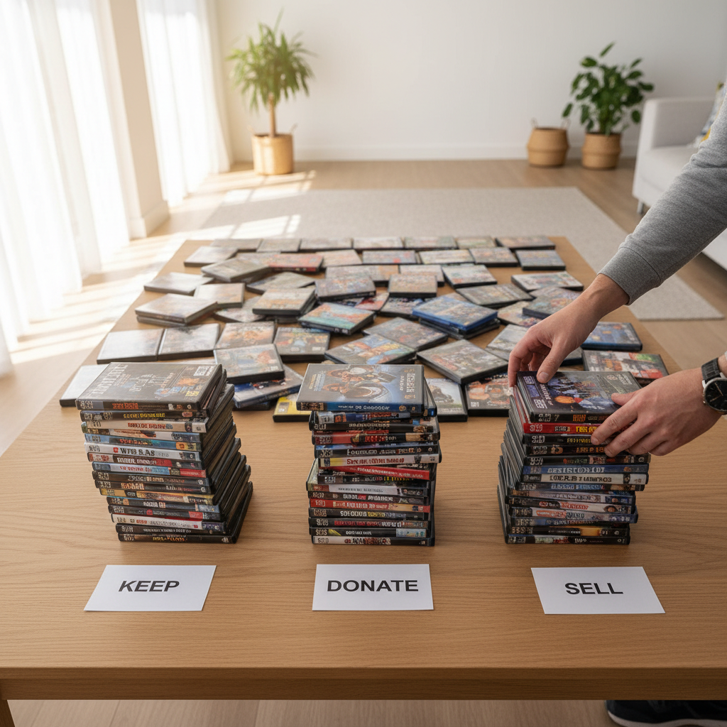 Sorting DVDs and video games into keep donate and sell piles