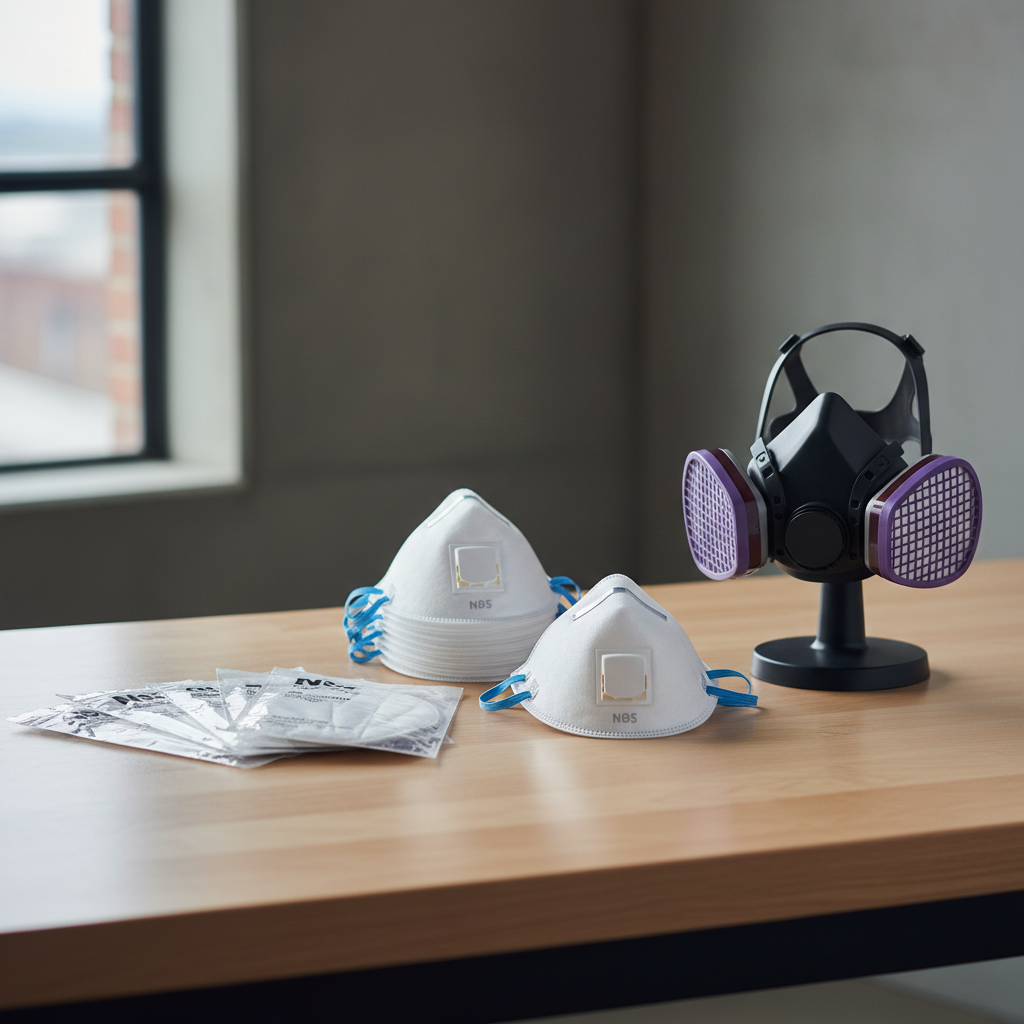 Different types of dust masks and respirators on a workbench