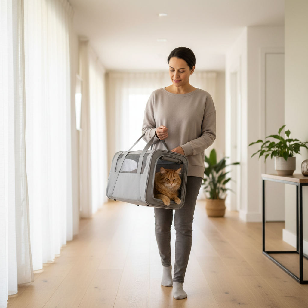 Owner calmly carrying a cat carrier through the home during training