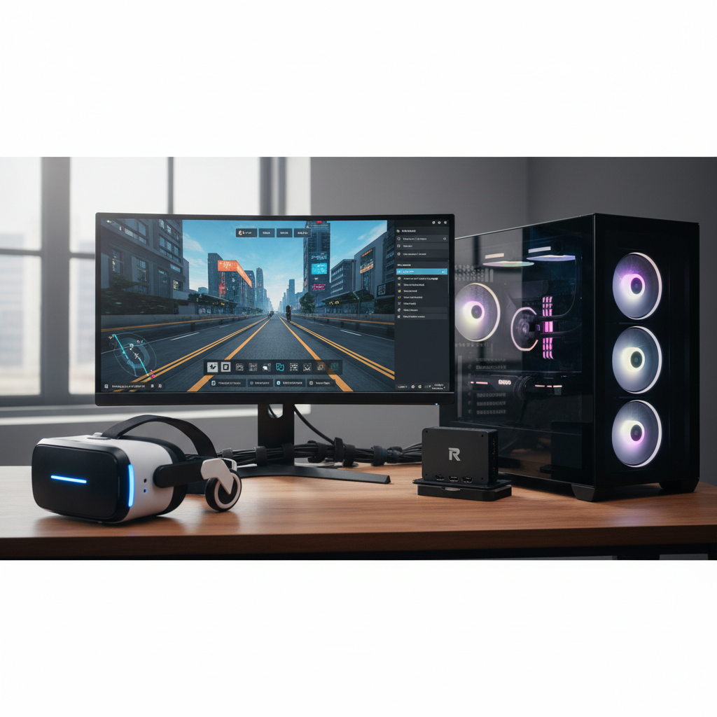 VR gameplay recording setup with headset, PC, and capture options