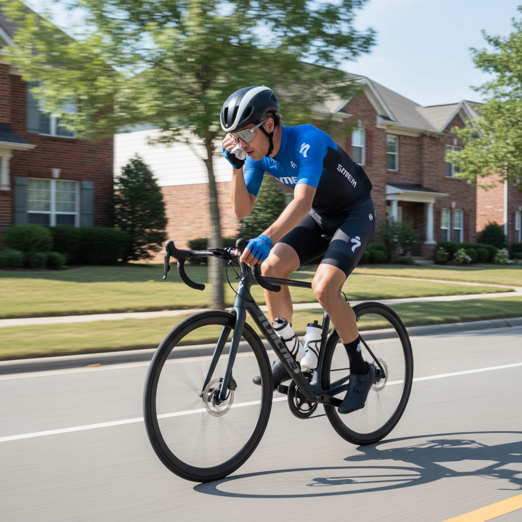 Cyclist safely wiping sweat with one hand while riding