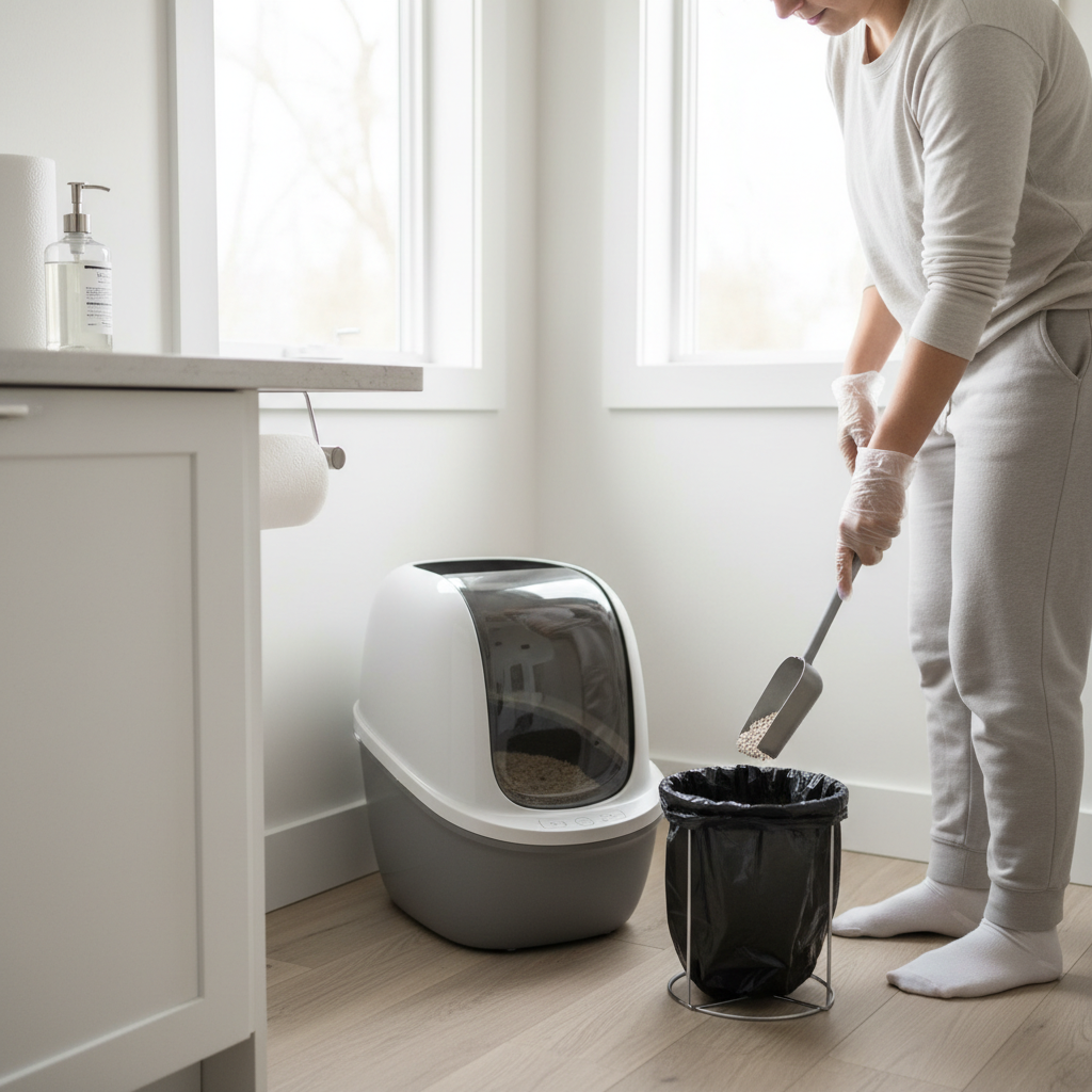 Person scooping a litter box with gloves and proper hygiene