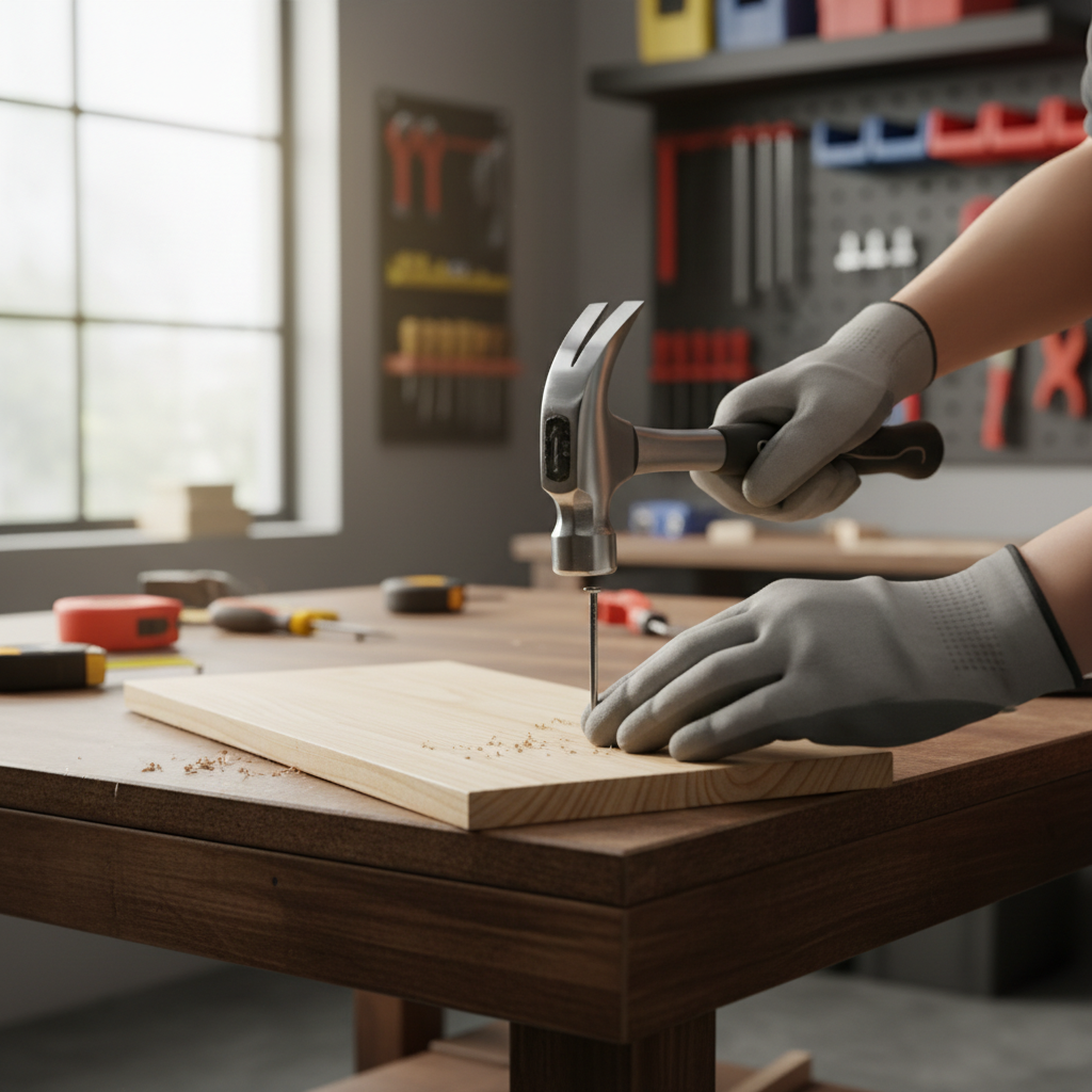 Hands starting a nail with a hammer and wood supported on a bench for straight driving