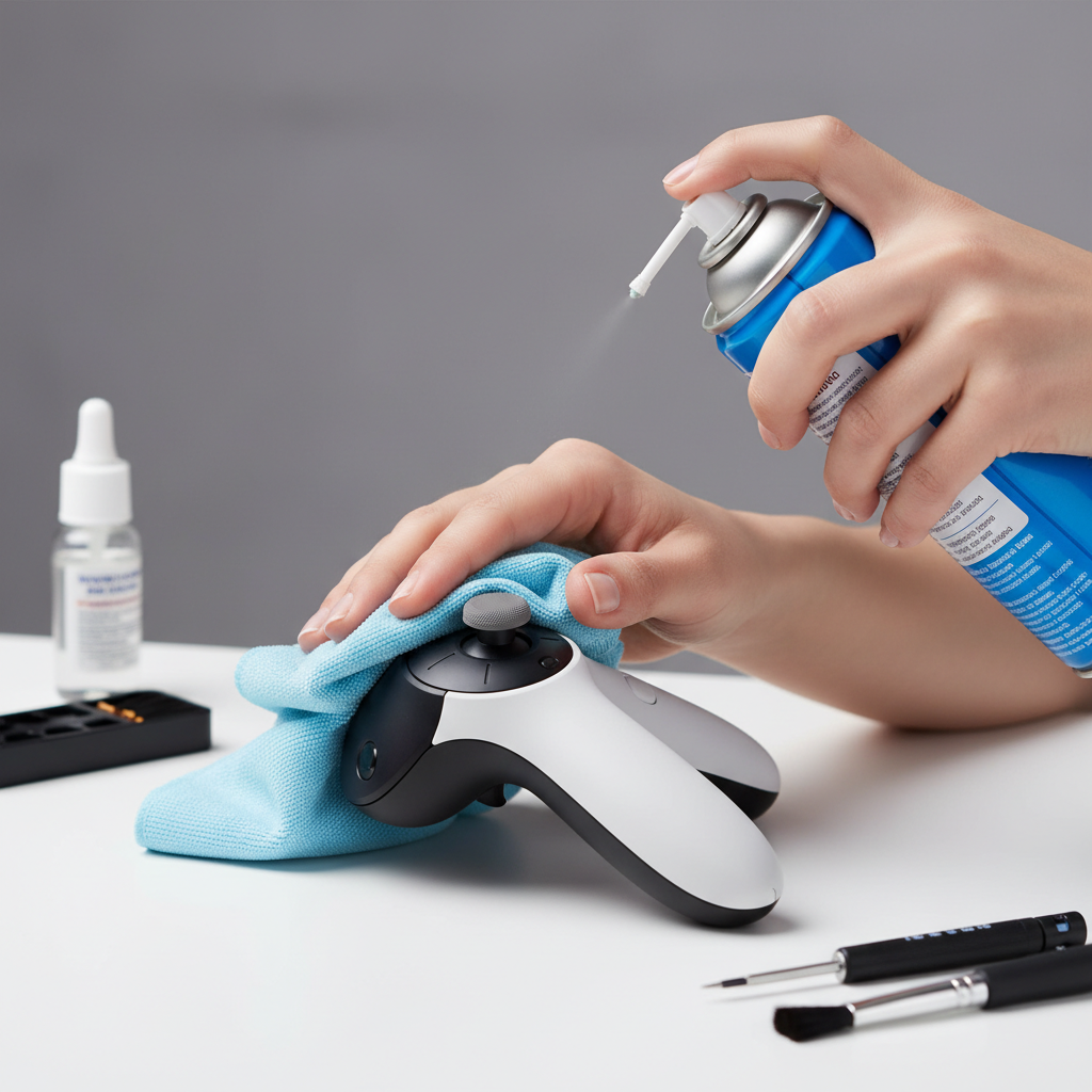 Cleaning VR controller thumbstick carefully with microfiber cloth and compressed air