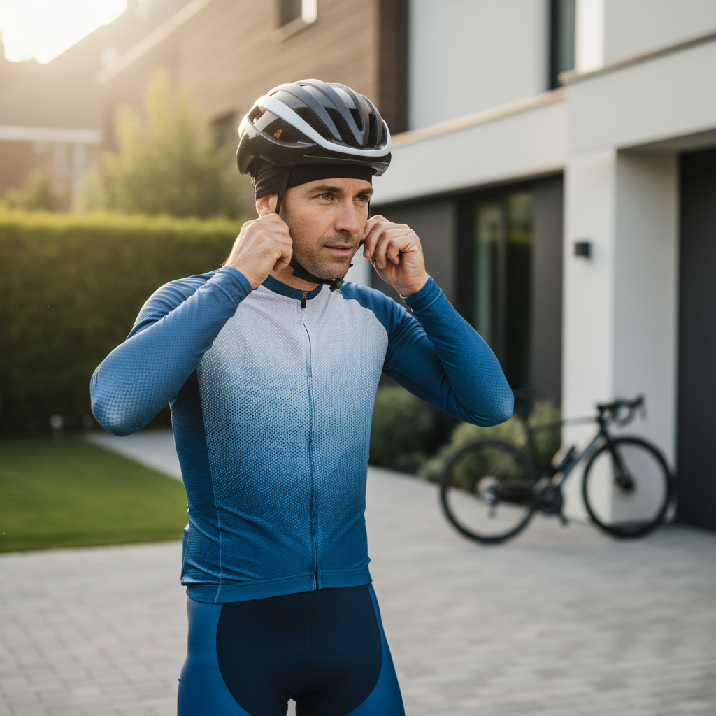 Cyclist adjusting helmet fit and headband placement before a ride