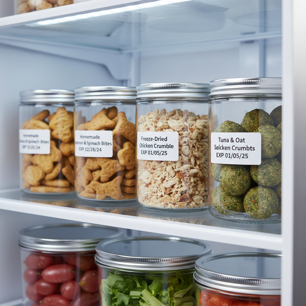 Storing homemade cat treats in labeled containers in the refrigerator