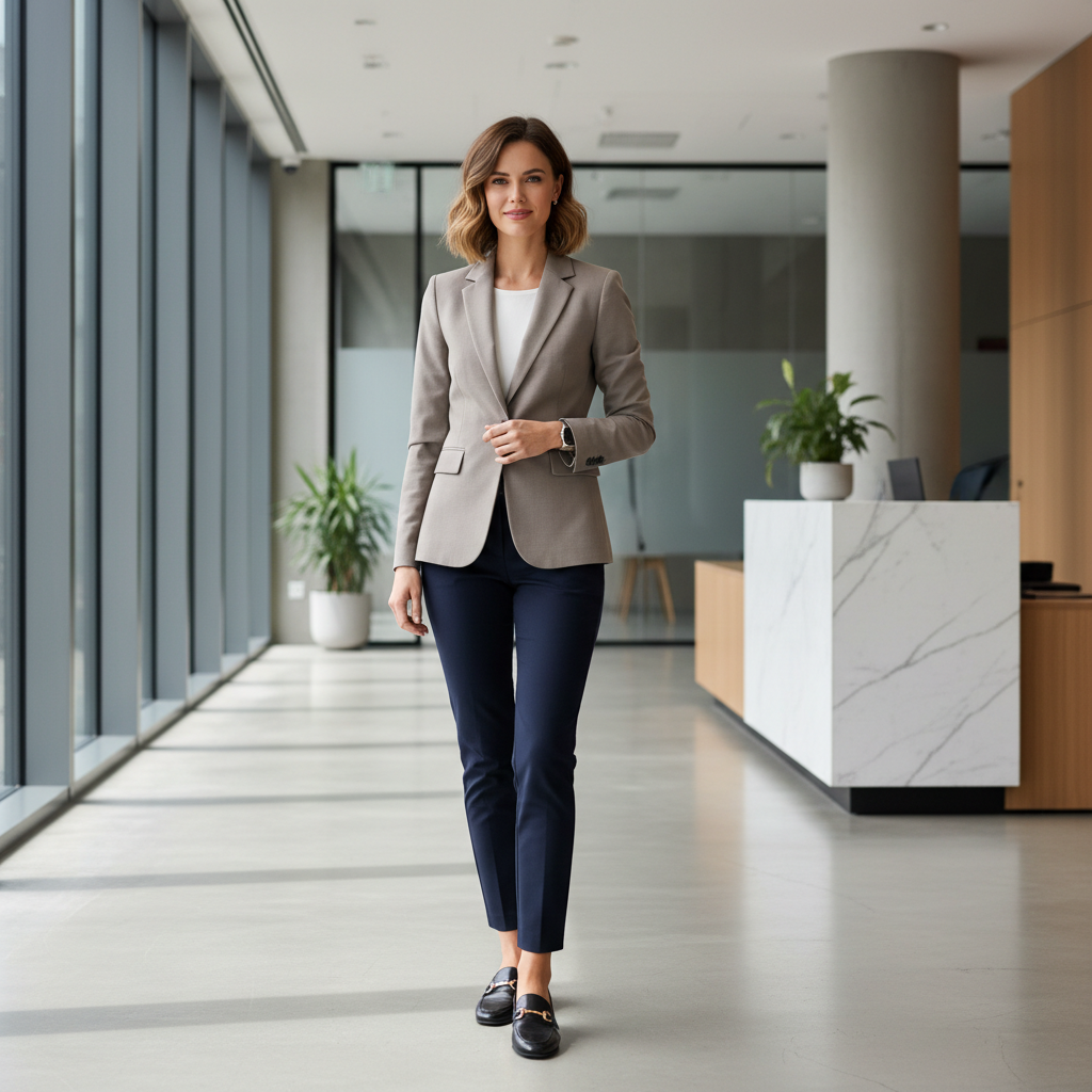 Office-ready blazer outfit with trousers and loafers