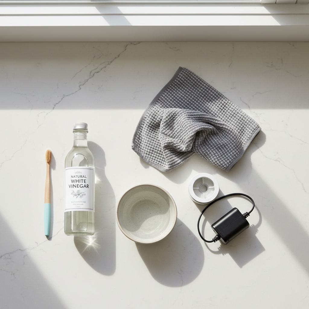 Supplies for cleaning a cat water fountain filter on a countertop