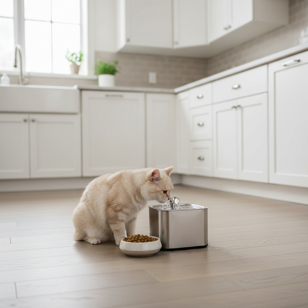 Cat drinking from a clean water fountain on a kitchen floor