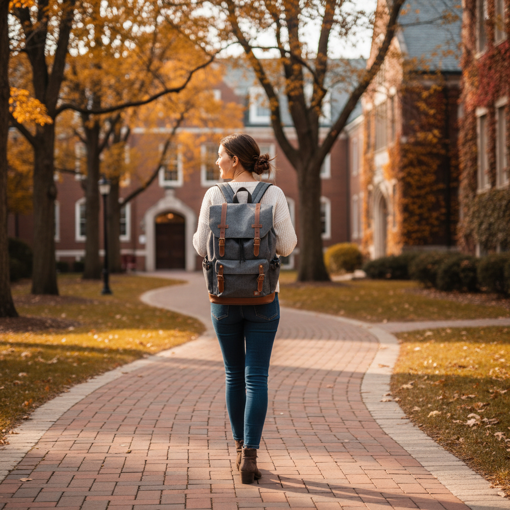 College student using a backpack on campus walkway