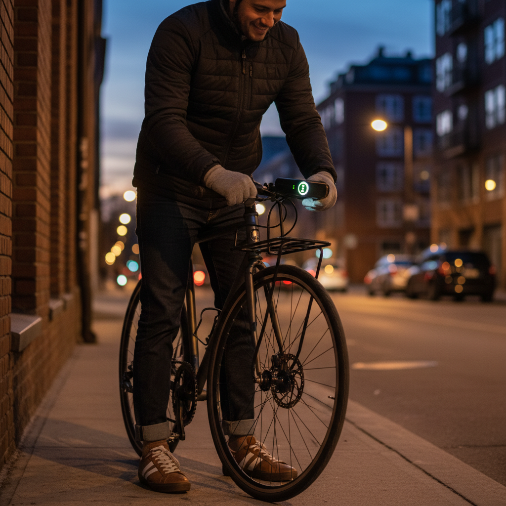 Cyclist checking bike light battery indicator before an evening ride