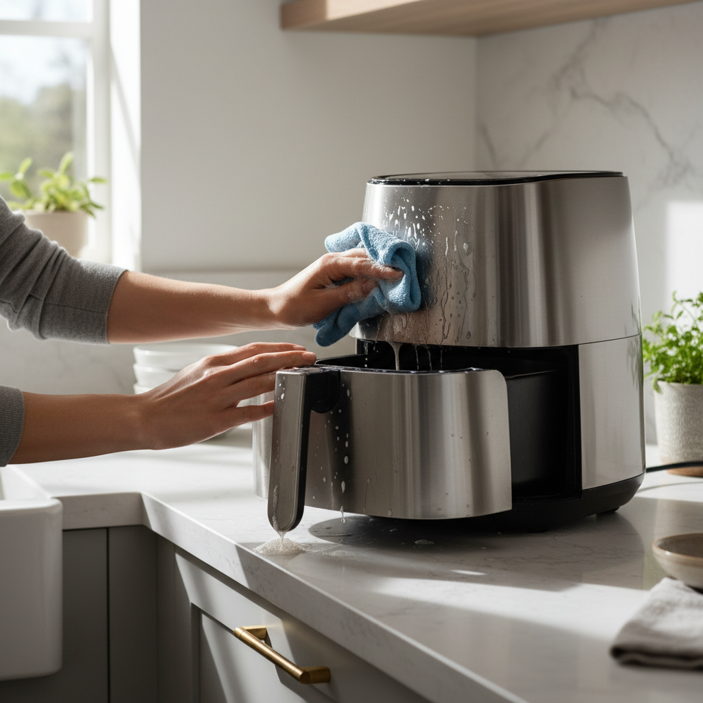 Cleaning an air fryer interior with a soft cloth and warm soapy water