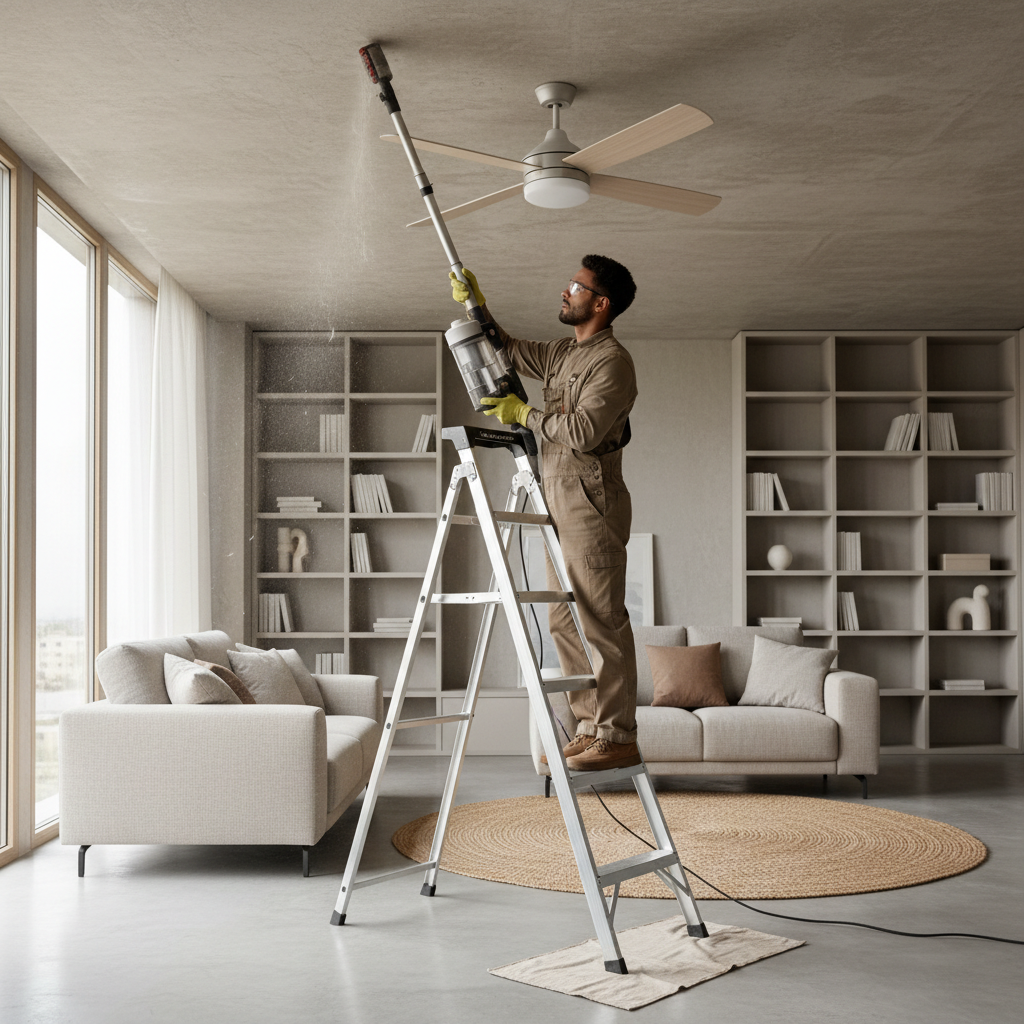 Vacuum brush attachment removing dust from ceiling fan blades safely