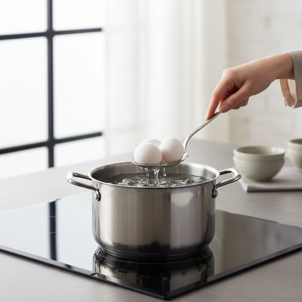 Eggs lowered into simmering water with a spoon for consistent boiling