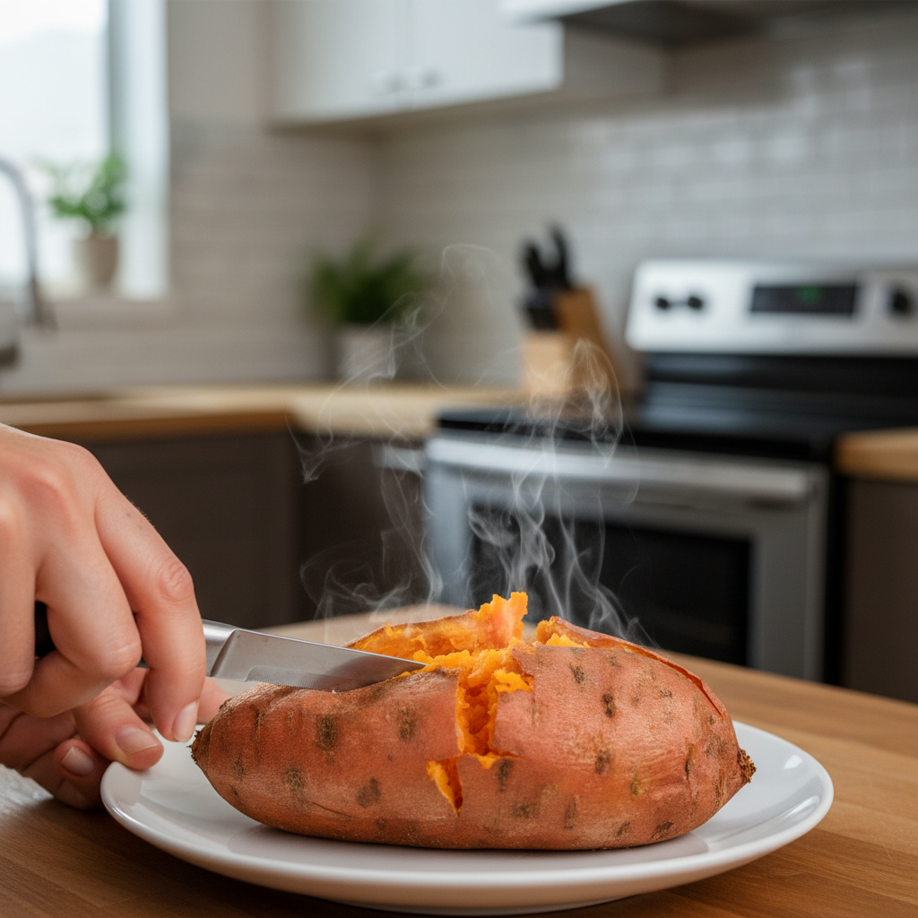Checking a microwaved sweet potato for doneness with a knife at the thickest point