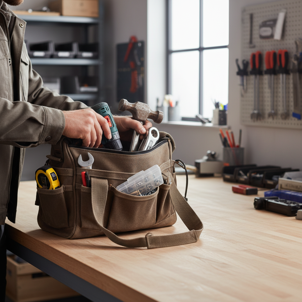 Step-by-step packing order for a tool bag with heavier tools centered and frequently used tools in outer pockets