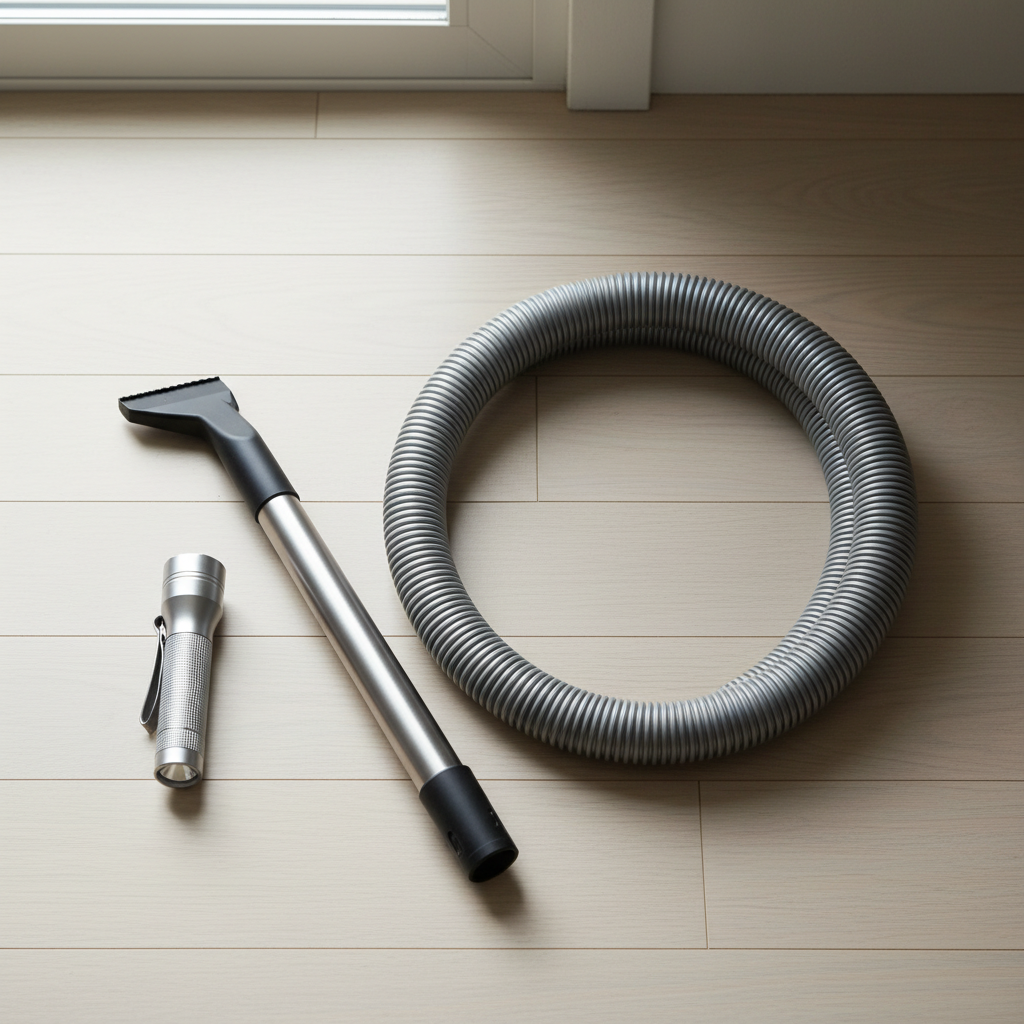 Vacuum cleaner hose and attachments laid out for unclogging and inspection