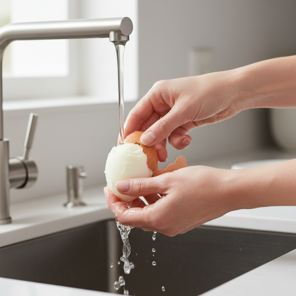 Peeling a hard boiled egg under running water to remove shell cleanly
