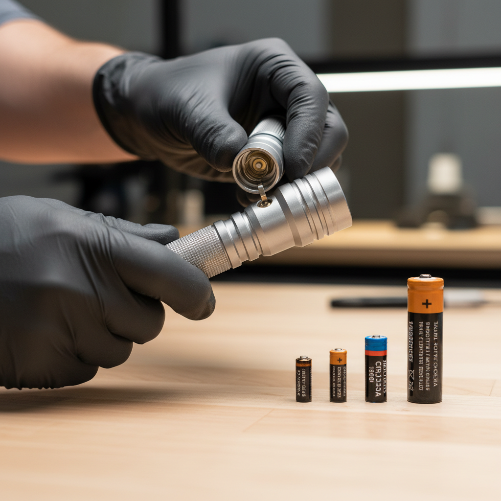 Hands changing batteries in a flashlight tailcap with common battery types