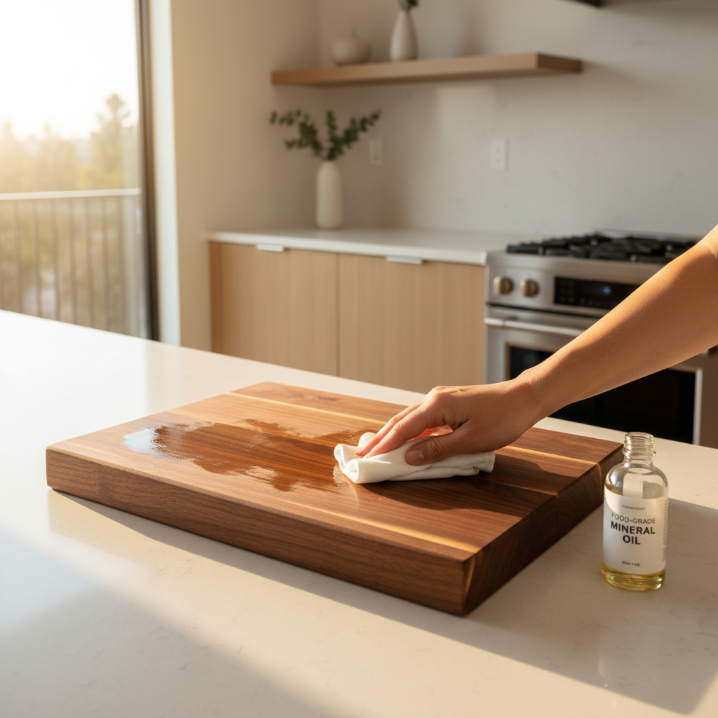 Oiling a wooden cutting board with food-grade mineral oil and a soft cloth