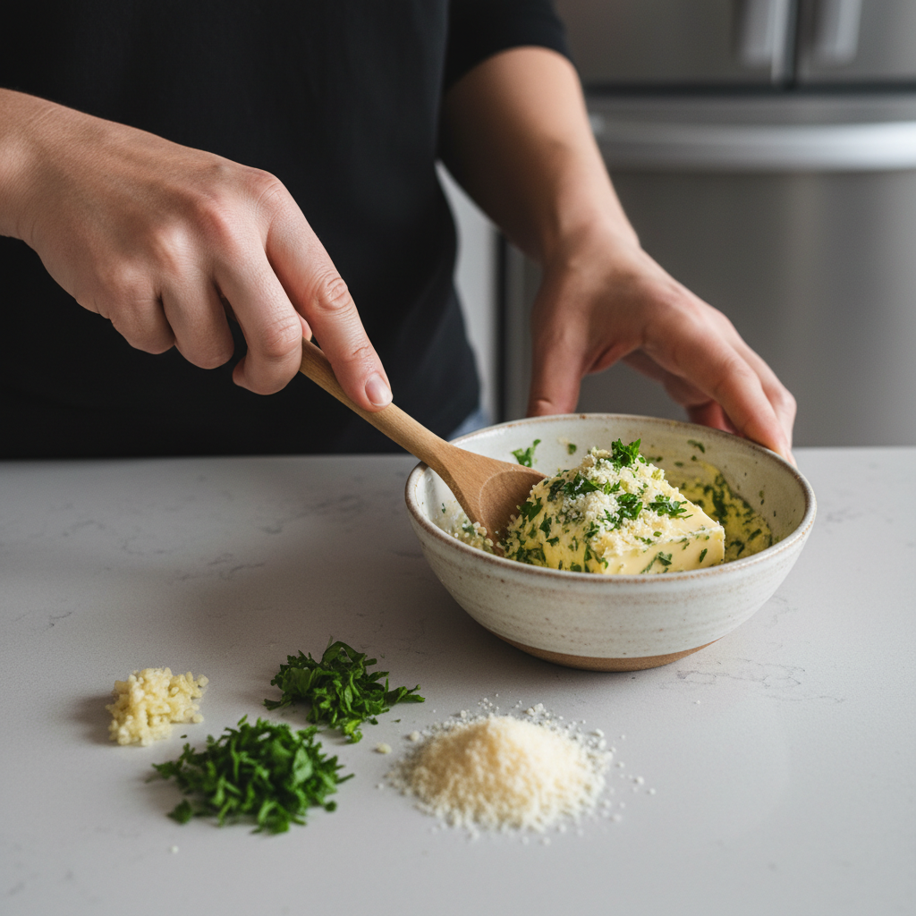 Mixing garlic butter with herbs in a small bowl