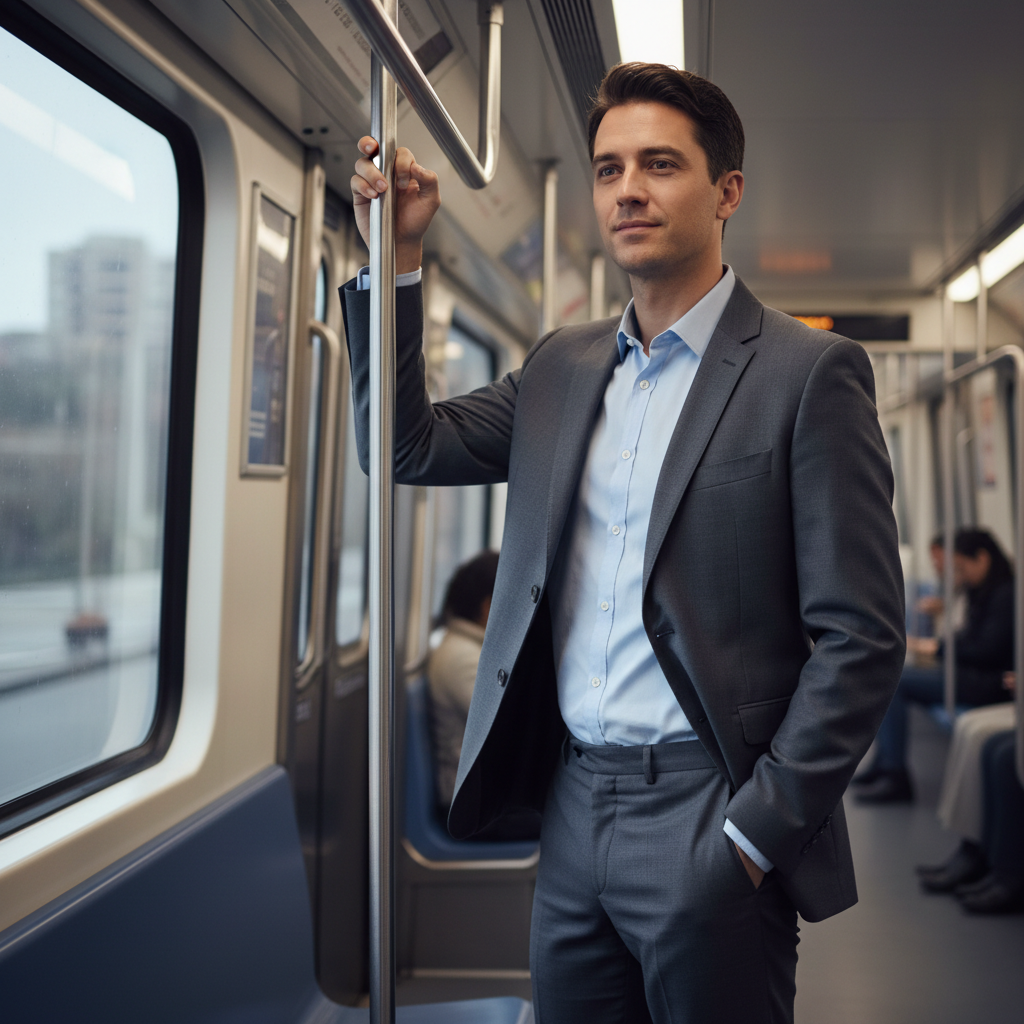 Person holding a subway pole while keeping phone in pocket and avoiding face touching