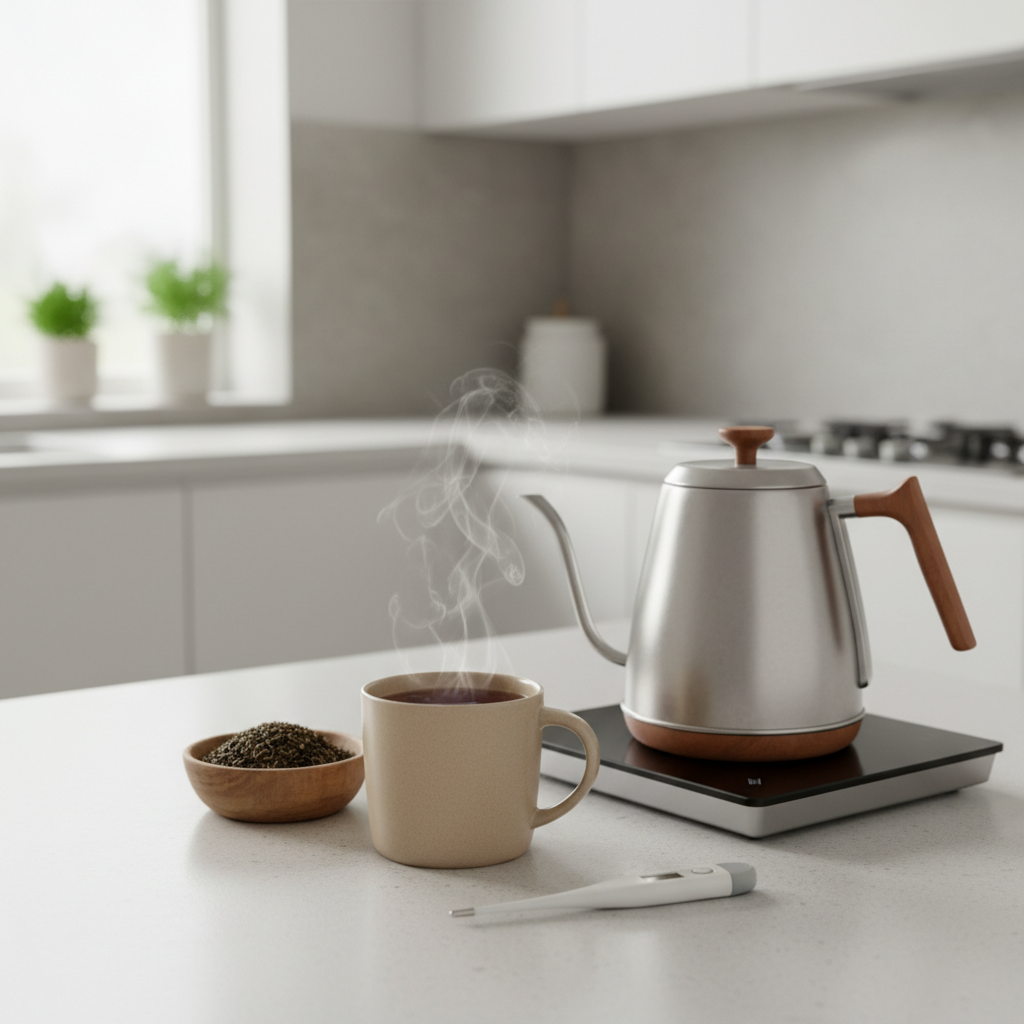 Freshly brewed hot tea in a ceramic mug with kettle and loose leaf tea