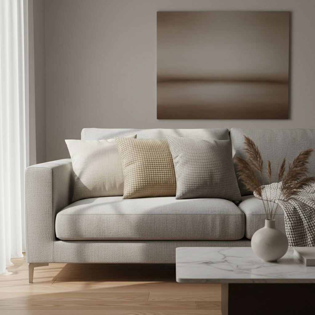 Finished no-sew throw pillow covers on a modern sofa
