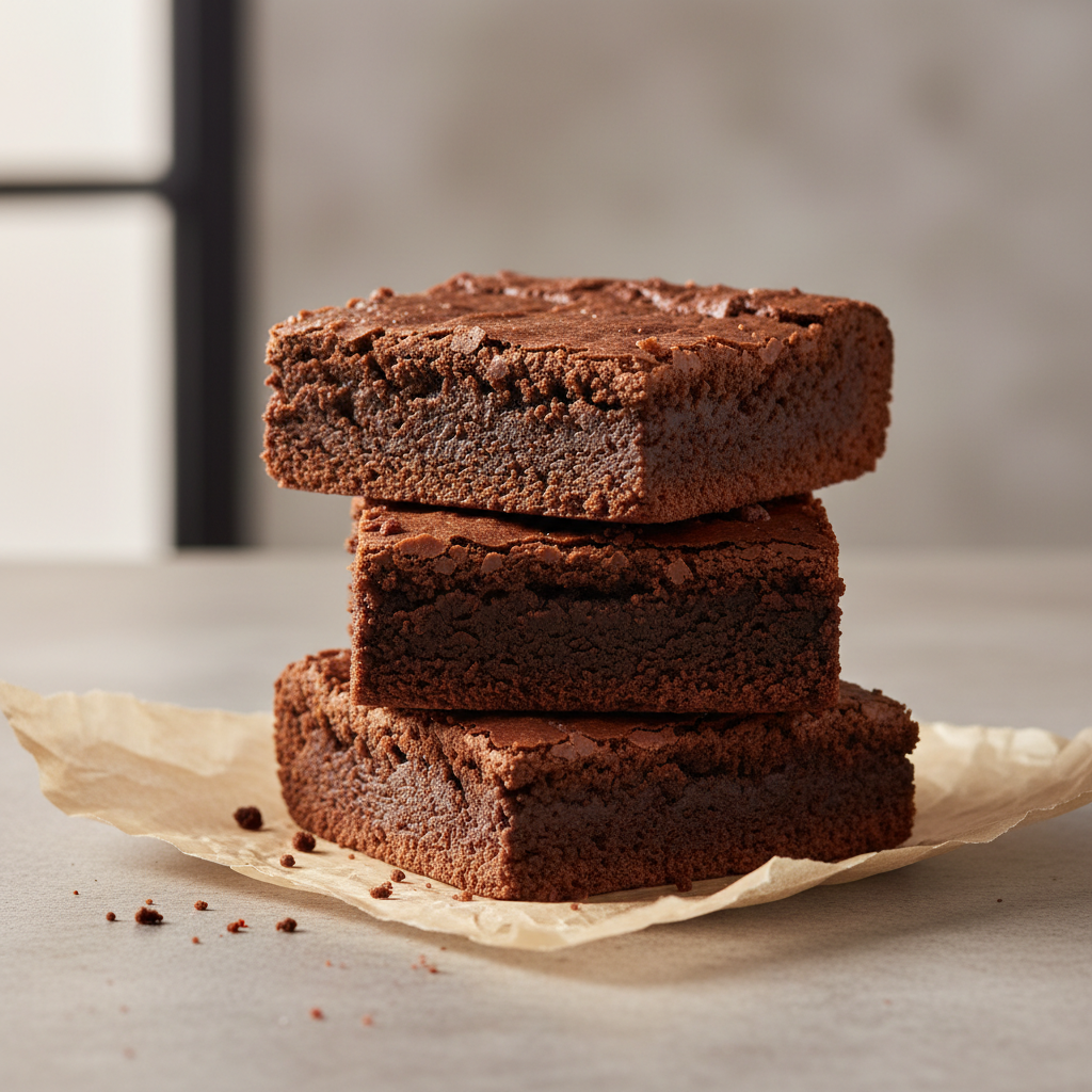 Cut brownie squares showing fudgy center and chewy edges on parchment