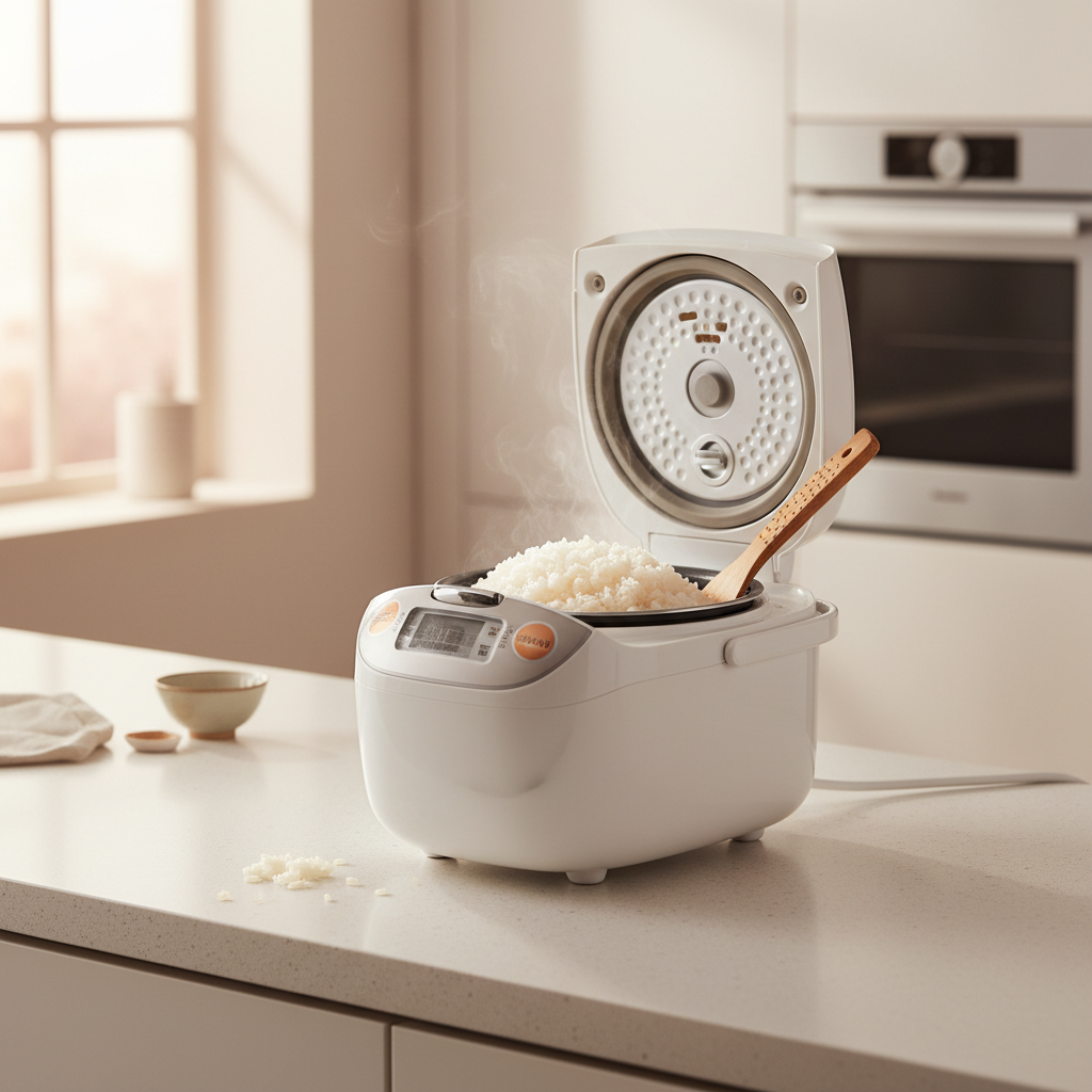 White rice cooking in a rice cooker with fluffy grains after resting