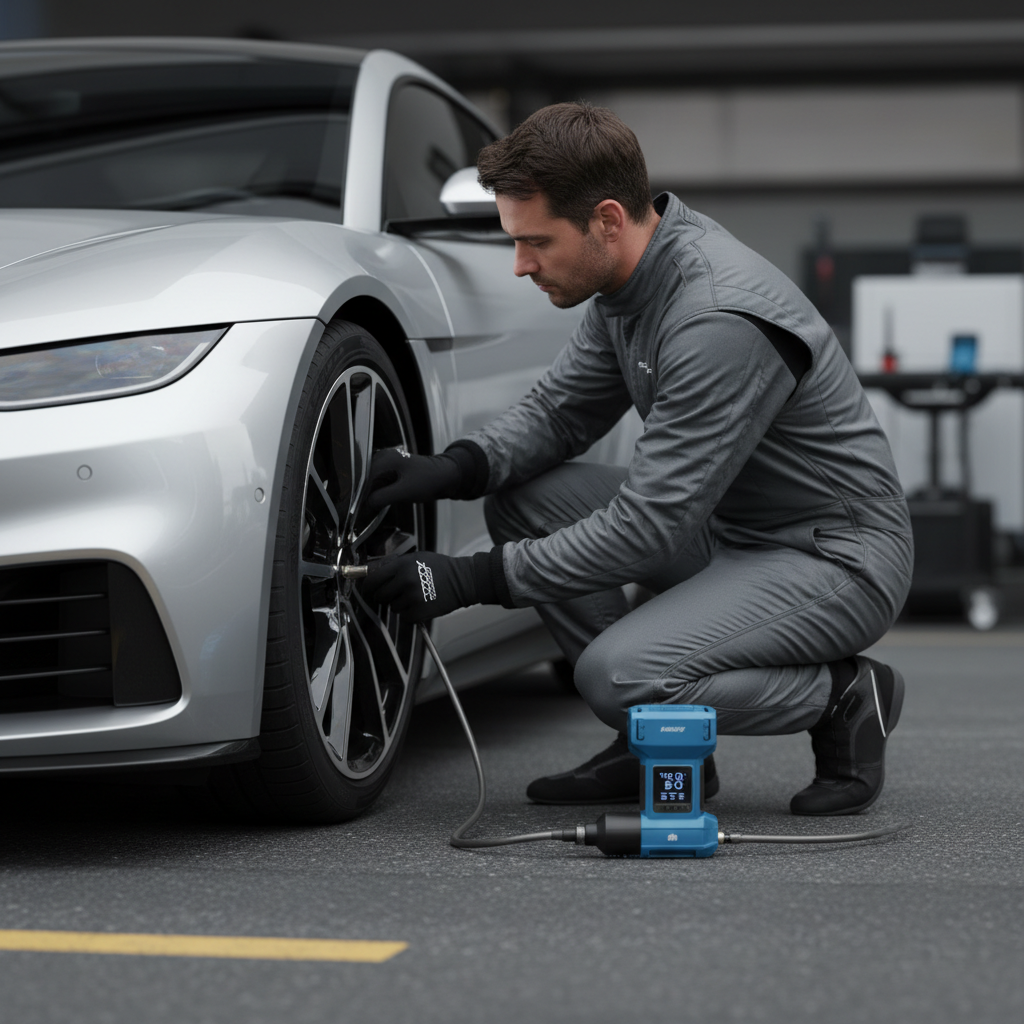 Driver checking tire sidewall for bulges and damage before inflating
