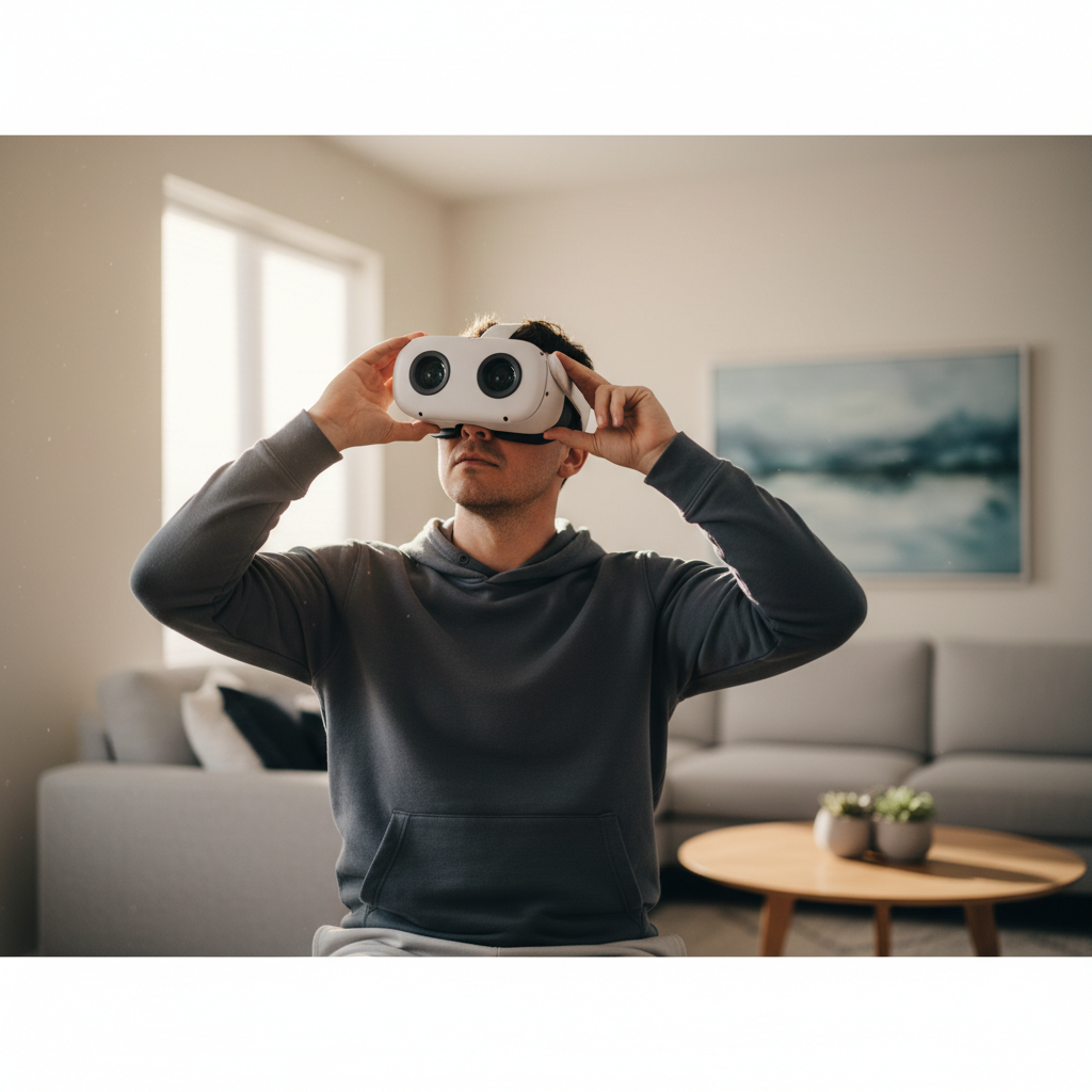 Person adjusting VR headset fit and comfort to reduce motion sickness