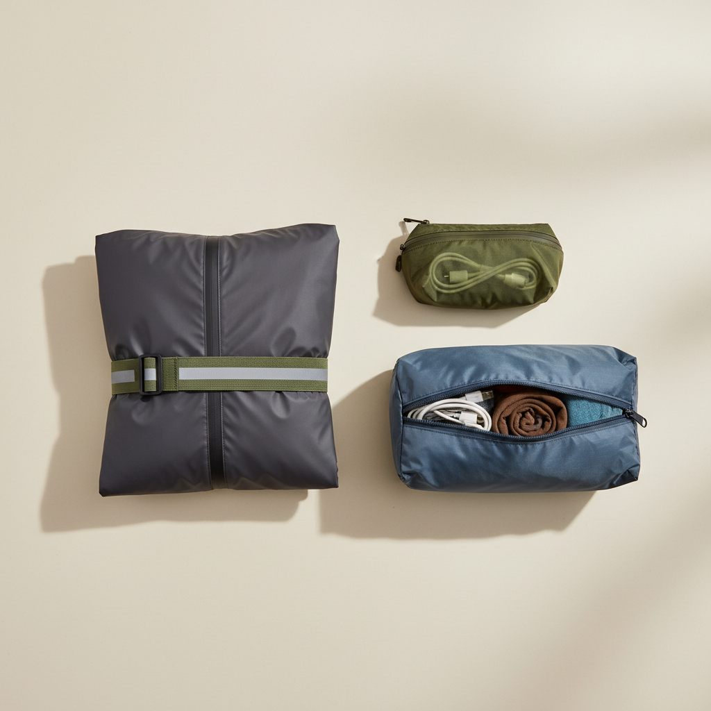 Rain jacket packed neatly with elastic strap and small pouch for space saving