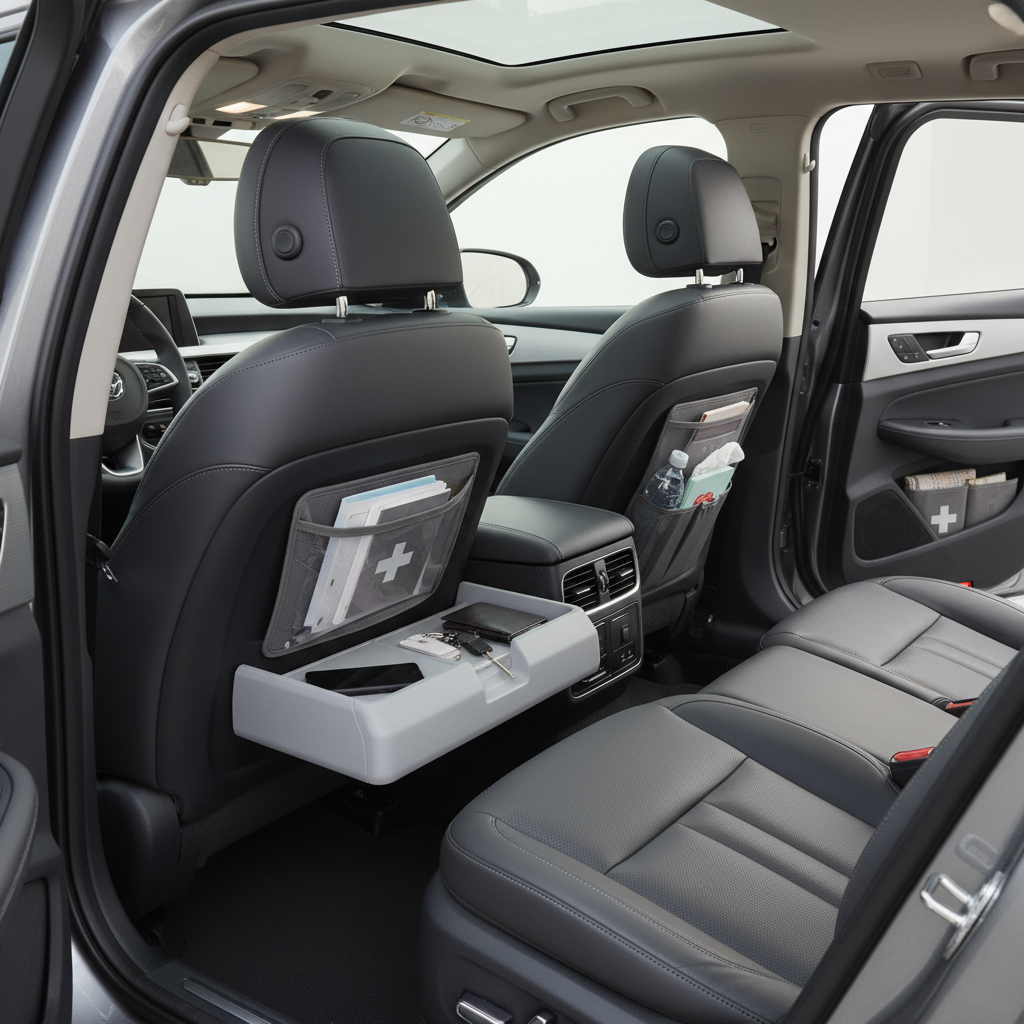 Organized car interior with labeled storage zones in front and back seats