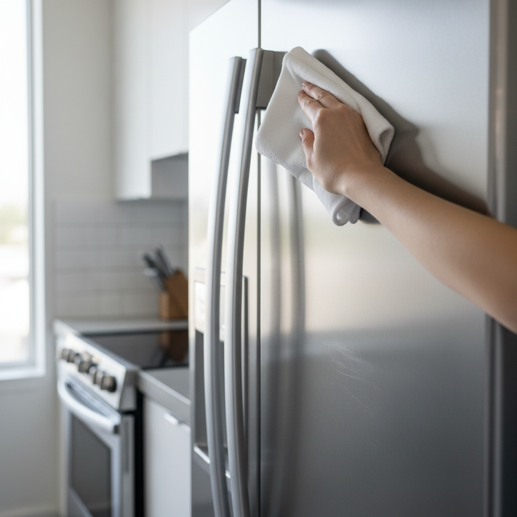 Streak-free stainless steel refrigerator being wiped with microfiber cloth