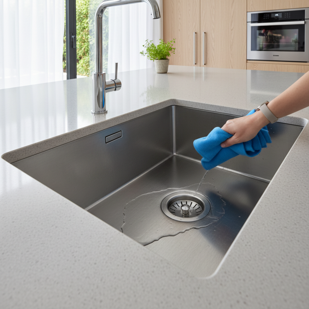 Stainless steel sink showing grain direction and proper wiping lines