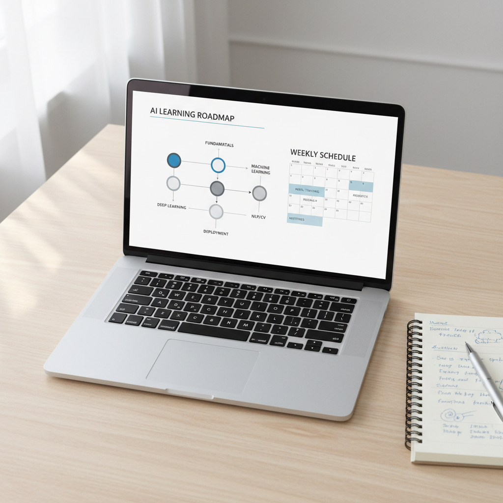 Free AI learning roadmap on a laptop with notes and a weekly plan