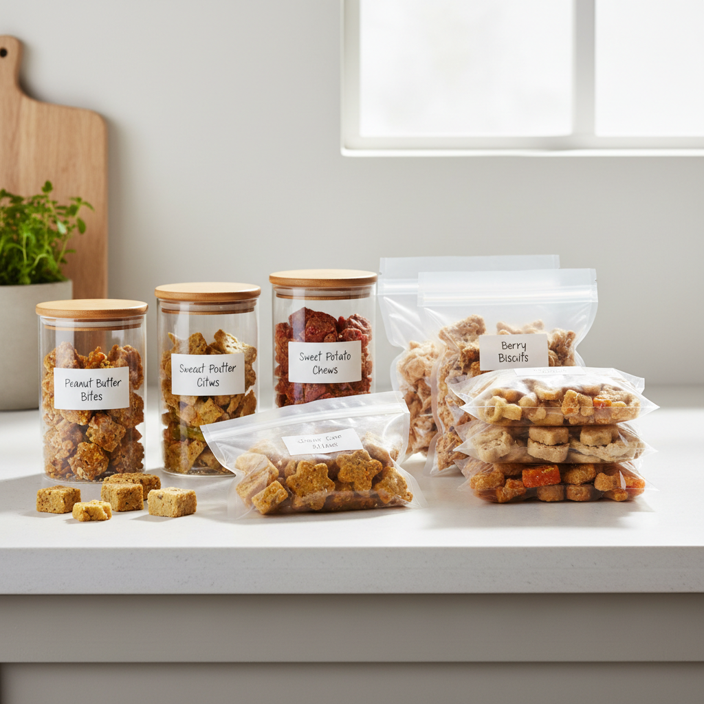 Homemade dog treats stored in labeled containers for meal prep